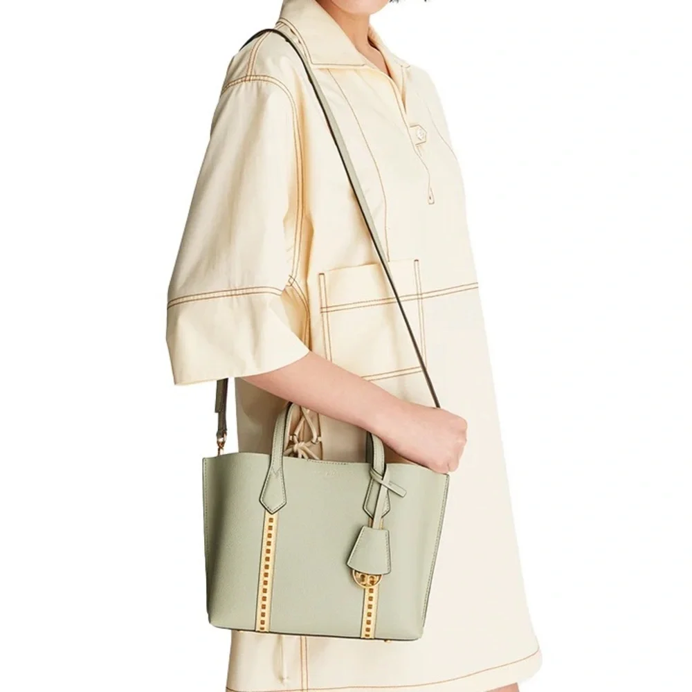 Tory Burch Perry Small Pick-Stitch Triple Compartment Tote Bag Pine Frost $428
